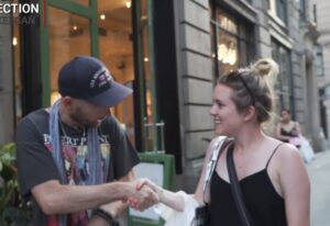 Confident man talking to woman on a NYC street in natural conversation