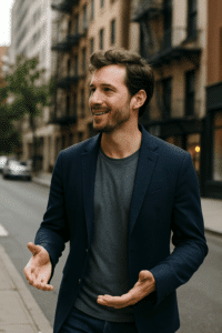Confident man walking and talking in NYC daygame coaching session