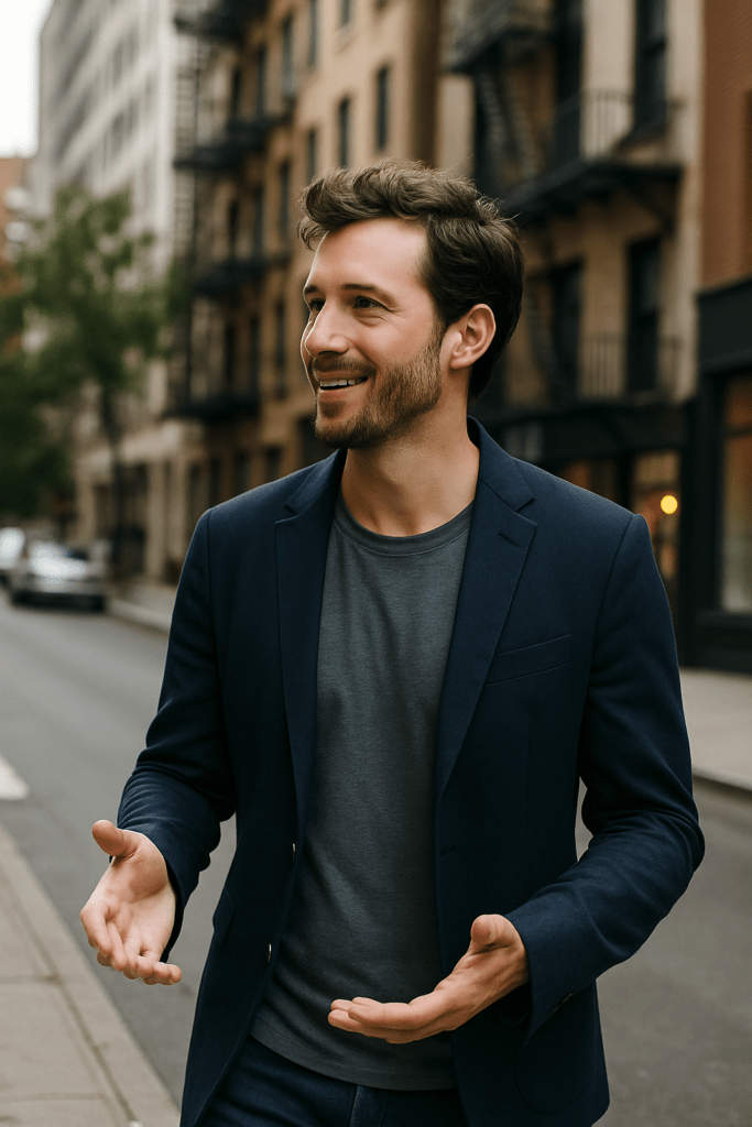 Confident man walking and talking in NYC daygame coaching session