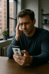 Frustrated man using dating app in New York City