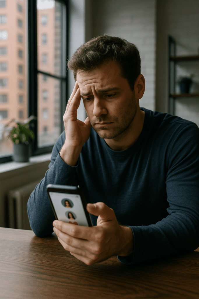 Frustrated man using dating app in New York City