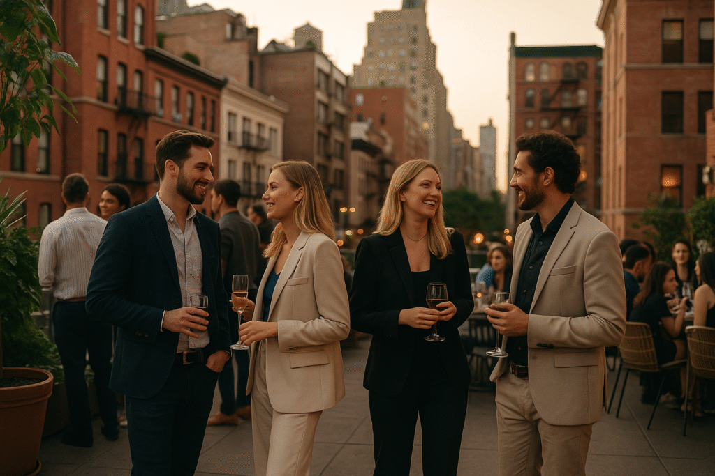 Entrance of a stylish private club in NYC with people socializing outside – dating and networking atmosphere