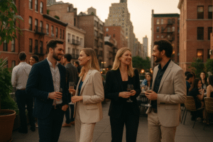 Entrance of a stylish private club in NYC with people socializing outside – dating and networking atmosphere